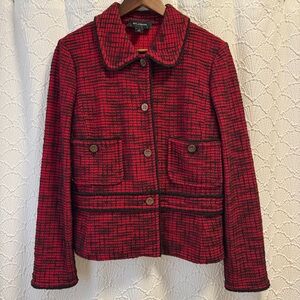 St. John Black Label Red Black Tweed Knit Button Down Blazer Jacket Size 12 USA